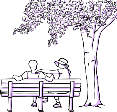 A couple sitting on a bench under a tree